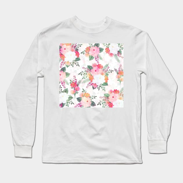 Pink Watercolor Flowers White Design Long Sleeve T-Shirt by NdesignTrend